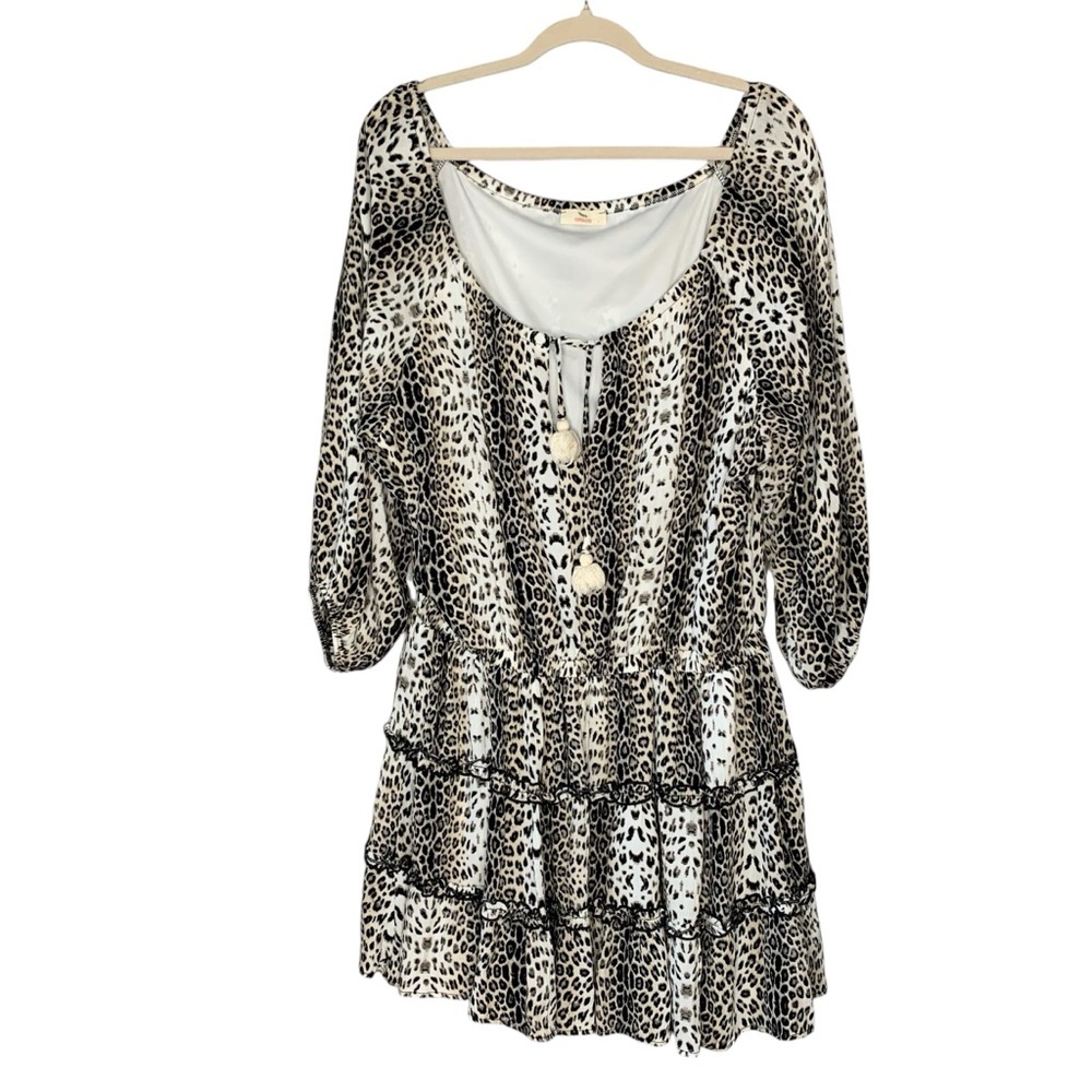 Hummingbird boho leopard ruffle tiered mini dress with‎ tassel tie. Size L